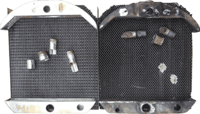 1928 Durant: radiator core fittings OLD vs NEW.