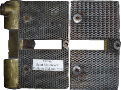 Scott motorcycle radiator assembly alongside it's new VHRC Core.